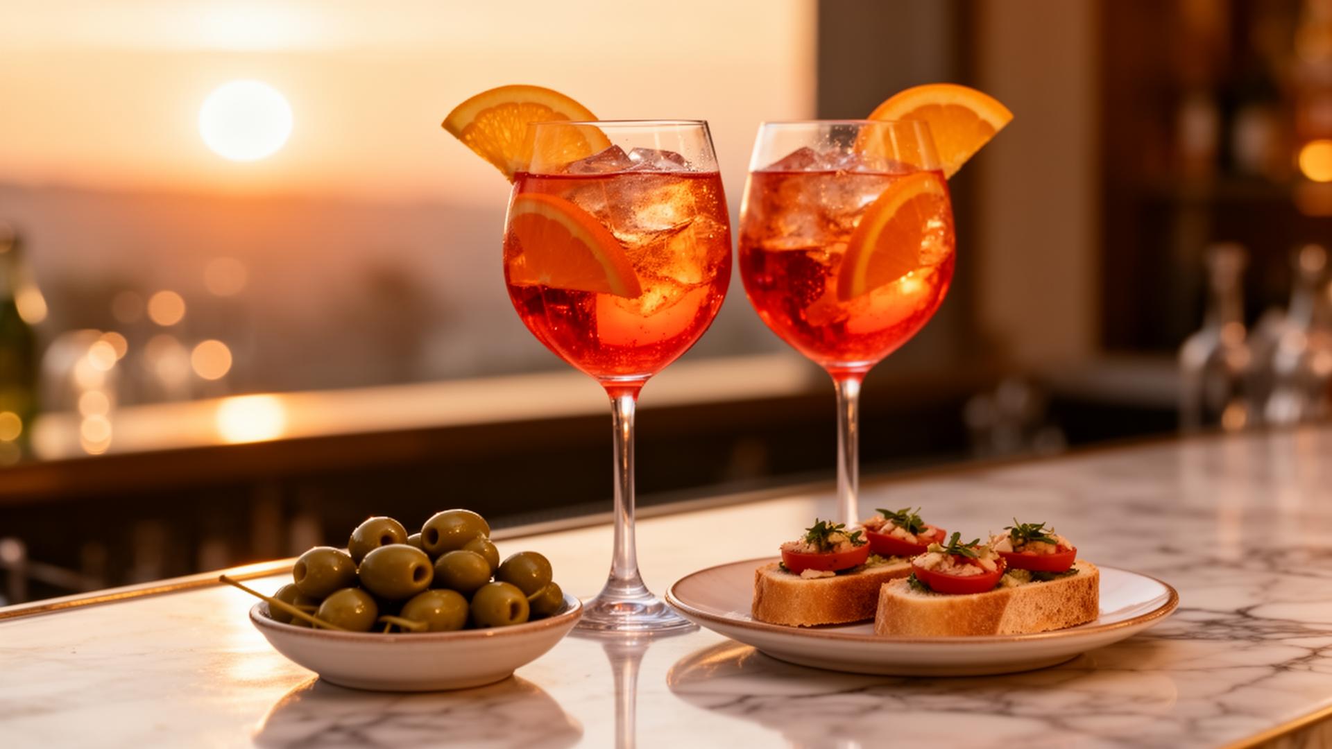 Aperitivo bei La Piazza – zwei Aperol Spritz im Sonnenuntergang
